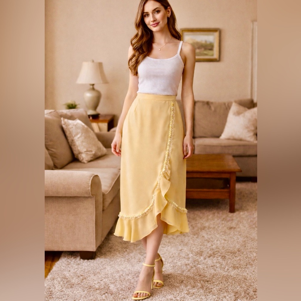 Nubiano New York Women’s Yellow Chiffon Ruffle Midi Skirt Coquette Y2K Size 6